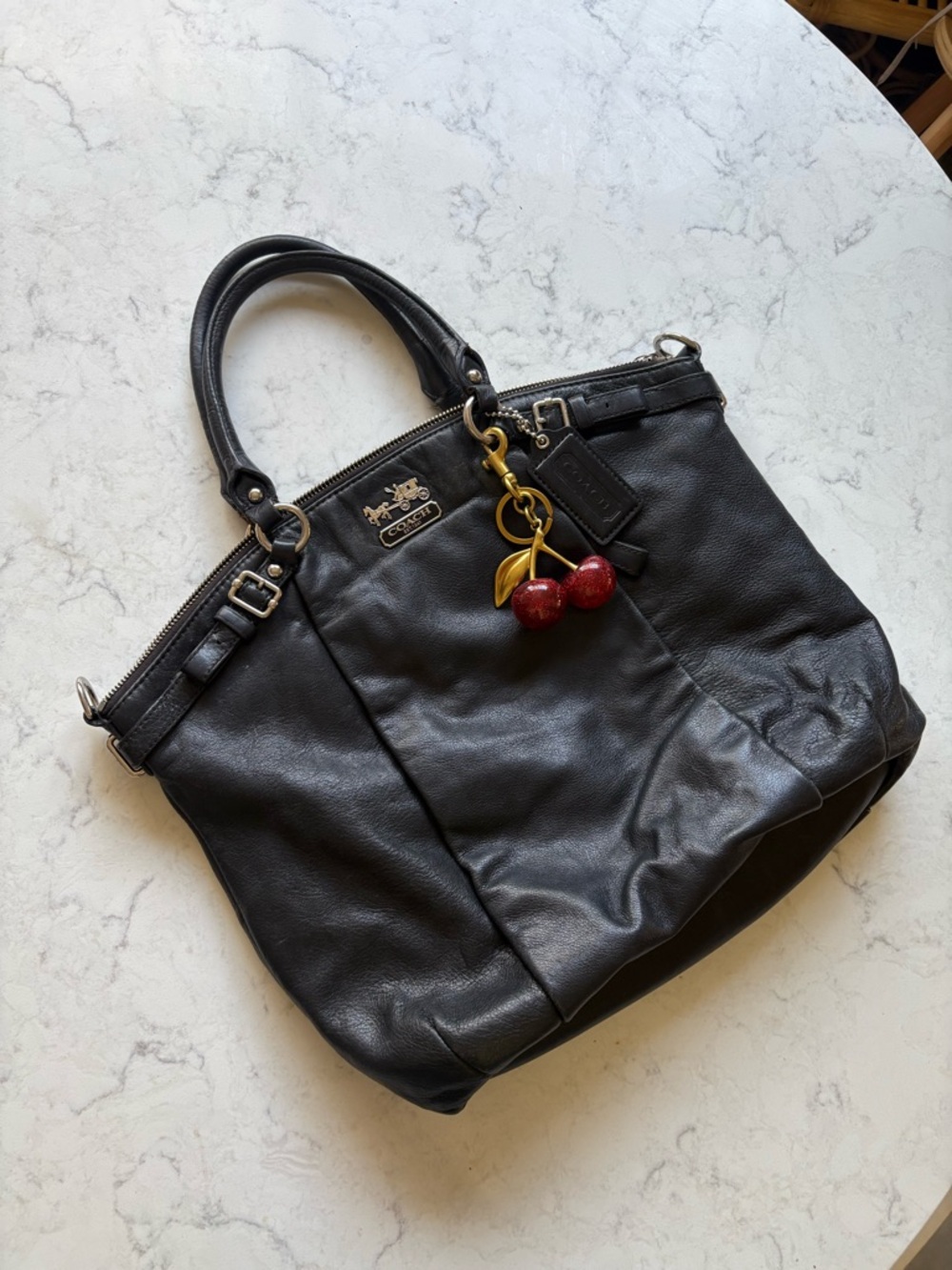 Coach Black Leather Tote Bag with Cherry Charm - Picture 2 of 7